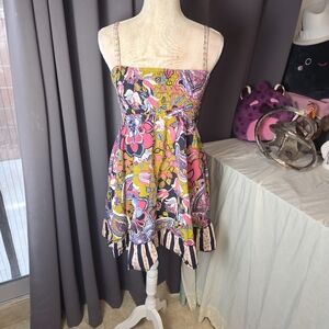 Fire Los Angeles Prairie Boho Mini Dress‎ Size XS-S  Smocked  Floral Ruffle Hem